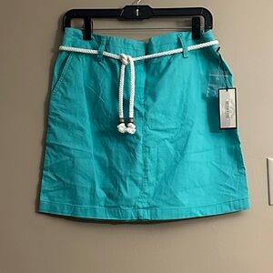 British Khaki Turquoise Mini Skirt with White Rope Belt